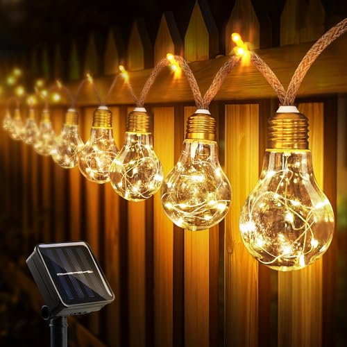 BrizLabs Solar Lichterkette Gartendeko, 8.2M Solar Lichterkette Aussen mit 16 Glühbirnen Wetterfest 8 Modi Glühlampen Außenlichterkette mit Hanfseil für Balkon Terrasse Outdoor Vintage Hochzeit Party von BrizLabs