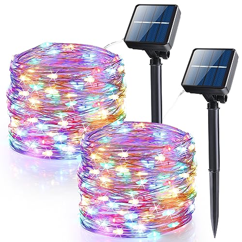 BrizLabs Solar Weihnachtsbaum Lichterkette, 2x15M 150 LED Solar Kupferdraht Lichterkette Außen 8 Modi Solarlichterkette Aussen Wesserfest für Party Garten Balkon Terrasse Hof Festival Deko, Bunt von BrizLabs