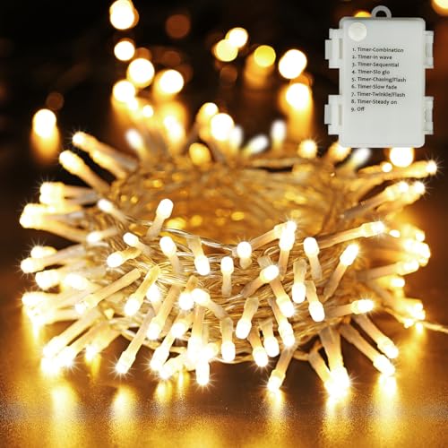 BrizLabs Weihnachtsdeko Lichterkette Innen, 20M 200 LED Weihnachtsbeleuchtung Batterie 8 Modi Timer Wasserdicht Außenlichterkette für Zimmer Bäume Garten Balkon Hochzeit Party Geburtstag, Warmweiß von BrizLabs