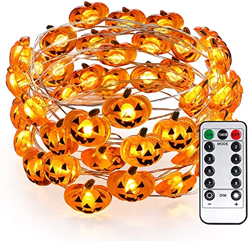 Halloween Lichterkette Kürbis, BrizLabs 4M 40 LED Deko Lichterketten Innen Batteriebetrieben Wasserdichte mit Fernbedienung & Timer Beleuchtung Dekoration für Gärten Weihnachten Party, Warmweiß von BrizLabs