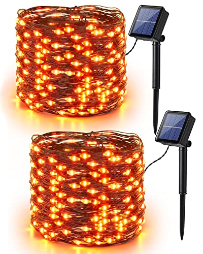 Herbstdeko Solar Lichterkette Orange, BrizLabs 2 Stück 14M 120 LED Halloween Lichterkette Solar Aussen 8 Modi Wetterfest Kupferdraht Außenlichterkette für Erntedankfest Weihnachten Garten Party Deko von BrizLabs