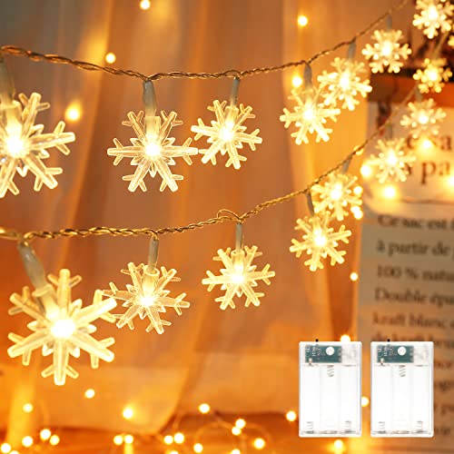 Weihnachten Schneeflocke Lichterketten, BrizLabs 2 Stück 4M 40 LED Lichterkette Batteriebetrieben Innen Beleuchtung für Schlafzimmer Garten Terrasse Zimmer Party Außen Valentinstag Deko, Warmweiß von BrizLabs