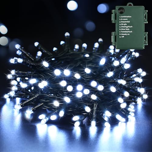 Weihnachtsbeleuchtung Batterie Innen, BrizLabs 20M 200 LED Außen Weihnachtsbaum Lichterkette 8 Modi Wasserfest Dekorative Lichterketten für Schlafzimmer Haus Aussen Hochzeit Terrasse Patio, Kaltweiß von BrizLabs