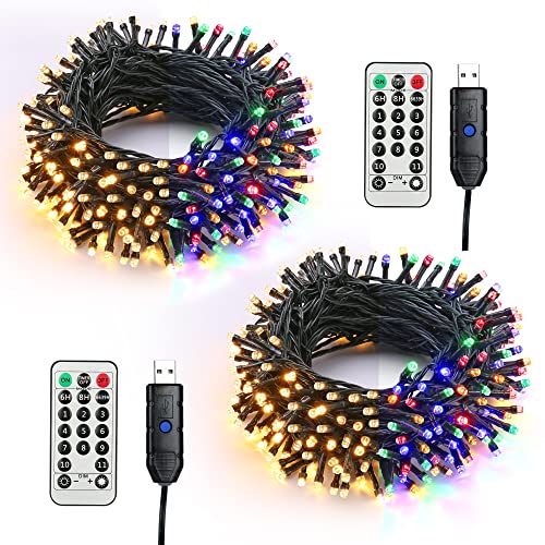 Weihnachtsbeleuchtung Innen, 2 Stück 10M 100 LED Warmweiß und Bunt Farbwechsel Lichterkette 4 in 1 USB Dimmbar Außenlichterkette mit 11 Modi Fernbedienung für Weihnachtsbaum Garten Balkon Camping Deko von BrizLabs