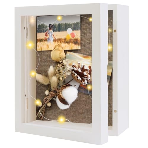 3D Bilderrahmen 20x25cm, Bilderrahmen zum Befüllen, Weiß Bilderrahmen zum Aufklappen, Holz Objektrahmen mit 8 Stecknadeln für Wandbehang/ DIY Display/ Hochzeit/Geschenk, mit LED Lichterkette von Brmeday