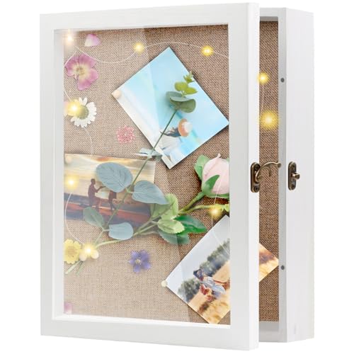 Brmeday 3D Bilderrahmen zum Befüllen 28x35cm Holz Objektrahmen zum Befüllen Weiß Shadowbox-Rahmen mit Rückwand aus Leinen für Memorabilia/Hochzeit/Schreibtisch/Geschenk, mit LED Lichterkette von Brmeday