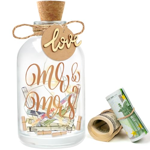 Hochzeitsgeschenke Geld Leuchtflasche für Brautpaar, LED Flaschenlicht Hochzeit Spardose Personalisiert, Geldgeschenke Valentinstag Verpackungen (Mr Mrs) von Brmeday