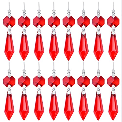 20 Stück rote Kristall Eiszapfen Prismen Kronleuchter Ersatz Tropfen hängende Anhänger achteckige Kristall Glas Spitze Perlen Dekoration Zubehör für DIY Handwerk Hochzeit Lampe Weihnachtsbaum, 35mm von BronaGrand