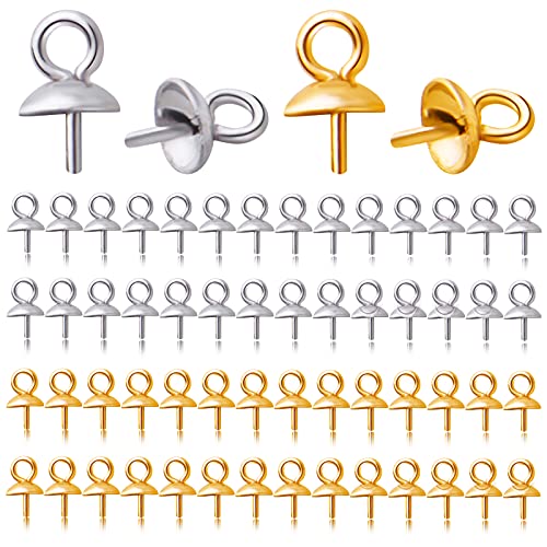 BronaGrand 60 Stück Edelstahl-Augennadel-Bügelkappen Cup Pearl Screw Eye Pin Bail Peg Anhänger für halb gebohrte Perlen Charms Schmuckherstellung Fundstücke, Gold, Silber, Pin: 0,7 mm von BronaGrand