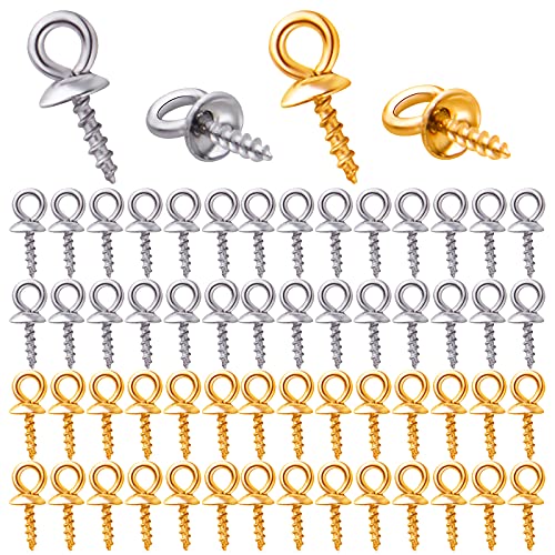 BronaGrand 60 Stück Edelstahl-Cup-Perlen-Haken-Anhänger, Charms, Schrauböse, Ösen, Kappen für halb gebohrte Perlen, Schmuckherstellung, 4 mm x 10 mm, Gold und Silber von BronaGrand