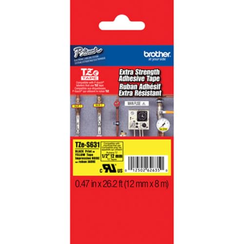 BROTHER TZES631 Spezialband 12mm 8m gelb schwarz extra-stark-klebend fuer Beschriftungsgeraet von Brother