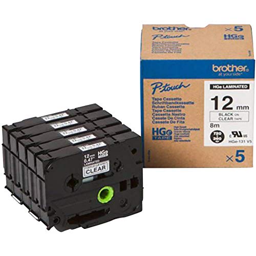 Brother HGe-131V5 Beschriftungsbandkassette, Vorteilspack, schwarz auf klar, 12 mm (B) x 8 m (L), laminiert, inkl. 5 x Bänder, Brother Originalbedarf von Brother