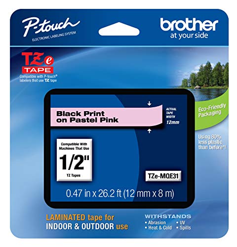 Brother Original P-Touch TZeMQE31 Klebeband, 1,2 cm breit, Standard-Laminierband, schwarz auf Pastellrosa, laminiert für den Innen- und Außenbereich, wasserabweisend, 12 mm x 8 m, TZEMQE31 von Brother