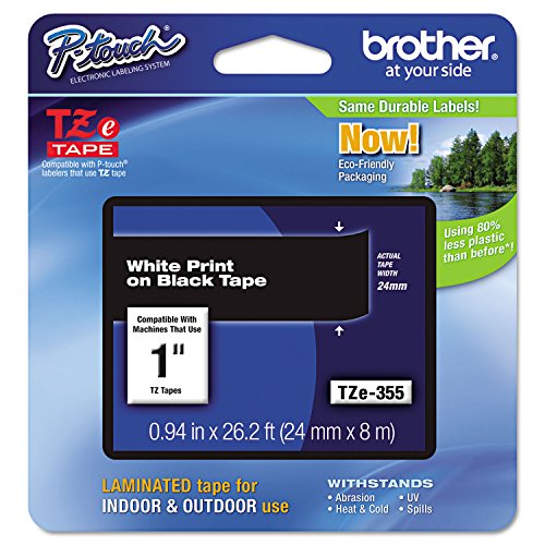 Brother Original P-touch TZE-355 Klebeband, 2,4 cm breit, Standard laminiertes Klebeband, weiß auf schwarz, laminiert für den Innen- und Außenbereich, wasserfest, 24 mm x 8 m, Einzelpack, TZE355 von Brother