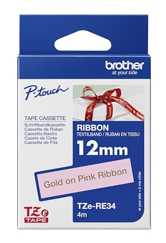 Brother Original P-touch Textil-Schriftband TZe-RE34, 12 mm gold auf rosa (u.a. für Brother P-touch H200, H100LB/R, H105, E100/VP, D200/BW/VP, D210/VP) TZERE34 von Brother