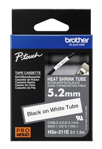 Brother Original Pro Tape HSe-211E Schrumpfschlauch – schwarz auf weiß, 5,2 mm breit, 1,5 m lang von Brother