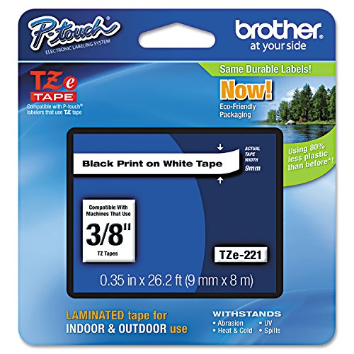 Brother TZe-S221 P-touch Schriftband (extra-stark klebend, 9 mm breit und 8 m lang, laminiert, geeignet u.a. für Brother P-touch PT-H105, -E100/VP, -D200/BW/VP, -D210/VP) schwarz auf weiß von Brother