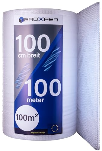 Broxfer Luftpolsterfolie Rolle 1m x 100m Polsterfolie für Umzug/Versand 2-schichtig Verpackungsfolie Knallfolie LPF von Broxfer