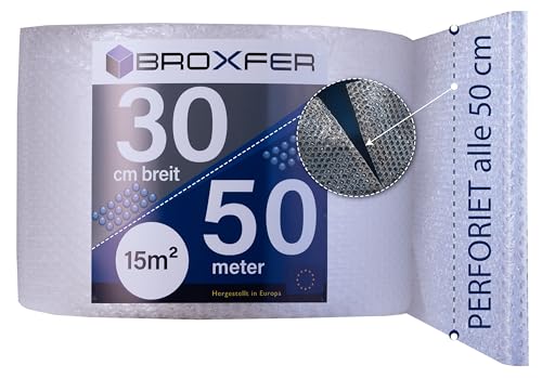 Broxfer Luftpolsterfolie Rolle 30cm x 50m Polsterfolie für Umzug/Versand 2-schichtig Verpackungsfolie LPF perforiert von Broxfer