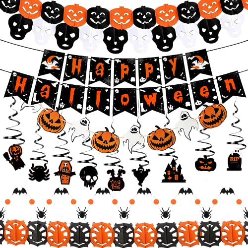 Halloween Deko, 15PCS Halloween Party Decoration Set mit Halloween Girlande, Banner, Hängende Halloween Spiralen, Halloween Fledermaus, Spinnen, Kürbis Girlande für Grusel Deko Halloween Innen Outdoor von BrsInse