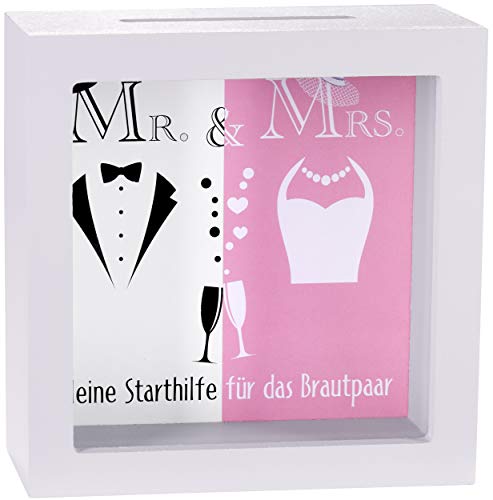 BRUBAKER Bilderrahmen Spardose Mr & Mrs - Kleine Starthilfe für das Brautpaar - Kreatives Geldgeschenk zur Hochzeit aus Holz zum Befüllen - 3D Bilderrahmen Grau von BRUBAKER