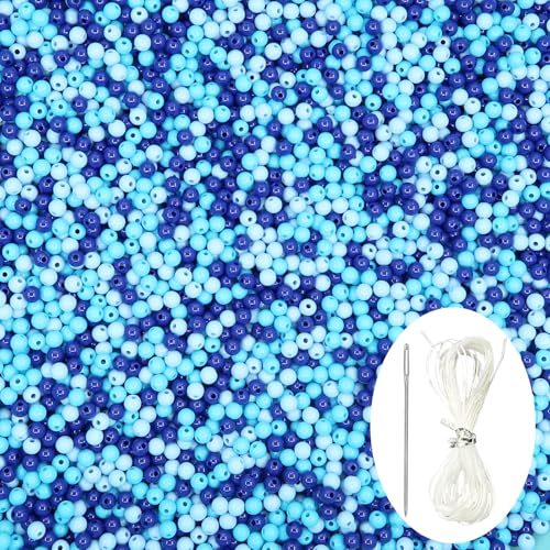 Runde Acrylperlen, glatte Kunststoff-Abstandshalter-Perlen mit Perlennadel und 3,5 m elastischer Schnur für Schmuckherstellung, Armbänder, Halsketten, Ohrringe, Bastelbedarf, 6 mm, Blau, 1000 Stück von Brueyart