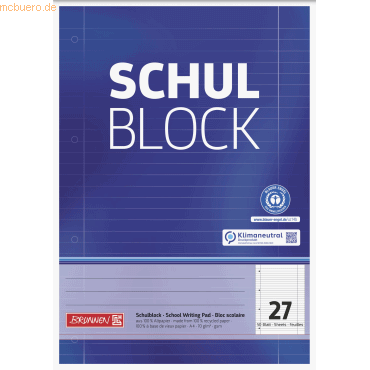 10 x Brunnen Schulblock A4 70g/qm 50 Blatt RC Lineatur 27 gelocht von Brunnen