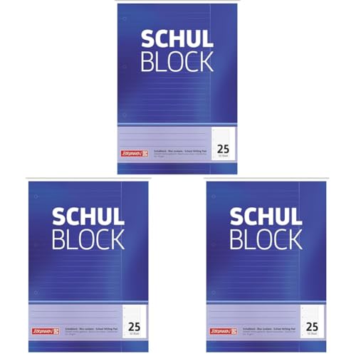 Brunnen 1052525 Schulblock/Notizblock (A4, 50 Blatt, liniert, mit Rand, Lineatur 25, gelocht, kopfverleimt, 70 g/m²) (Packung mit 3) von Brunnen