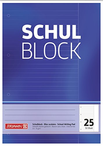 Brunnen 1052525 Schulblock / Notizblock (A4, 50 Blatt, liniert, mit Rand, Lineatur 25, gelocht, kopfverleimt, 70 g/m²) von Brunnen