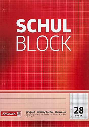 Brunnen 1052528 Schulblock / Notizblock (A4, 50 Blatt, kariert, mit Randlinien, Lineatur 28, gelocht, kopfverleimt, 70 g/m²) von Brunnen