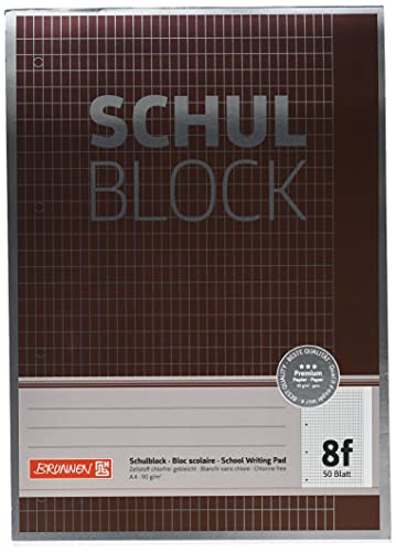 Brunnen 1052608 Schulblock/Notizblock Premium, A4, 50 Blatt, 5 x 7 mm rautiert mit Rand, Lineatur 8f, gelocht, kopfverleimt, 90g/m² von Brunnen