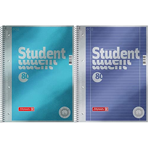 Brunnen 1067147 Notizblock/Collegeblock Dotted Premium Deckblatt, 5 Stück cyan-metallic & 1067127 Notizblock/Collegeblock Student Premium (A4, liniert Lineatur 27, 90 g/m², 80 Blatt) von Brunnen