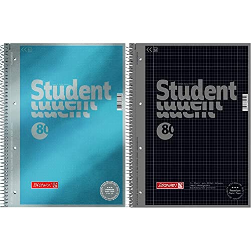 Brunnen 1067147 Notizblock/Collegeblock Dotted Premium Deckblatt, 5 Stück cyan-metallic & 1067928190 Notizblock/Collegeblock Student Colour Code (A4 kariert, Lineatur 28, 90 g/m², 80 Blatt) schwarz von Brunnen