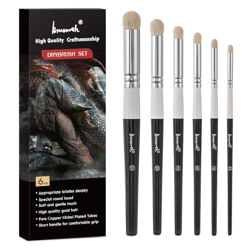 Brusarth Drybrush-Set, Hobby-Detail-Pinsel-Set, 6 Größen, Ziegenhaar, Acryl-Pinsel für Tischplatte und Kriegsspiele, Miniatur-Aquarell-Ölmalerei, Modell für Anfänger und Profis von Brusarth