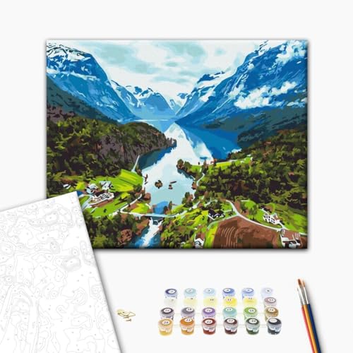 Brushme Malen nach Zahlen Set - 40x50 cm Leinwand mit Rahmen - Mit Acrylfarben, 3 Profi-Pinseln & Anleitung - Alps - Für Erwachsene & Kinder von Brushme