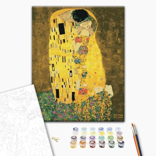 Brushme Malen nach Zahlen Set - 40x50 cm Leinwand mit Rahmen - Mit Acrylfarben, 3 Profi-Pinseln & Anleitung - Gustav Klimt - The Kiss - Für Erwachsene & Kinder von Brushme