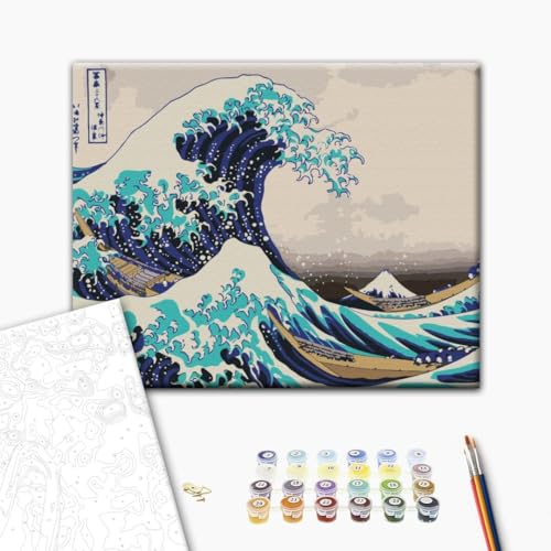 Brushme Malen nach Zahlen Set - 40x50 cm Leinwand mit Rahmen - Mit Acrylfarben, 3 Profi-Pinseln & Anleitung - Hokusai - The Great Wave off Kanagawa - Für Erwachsene & Kinder von Brushme