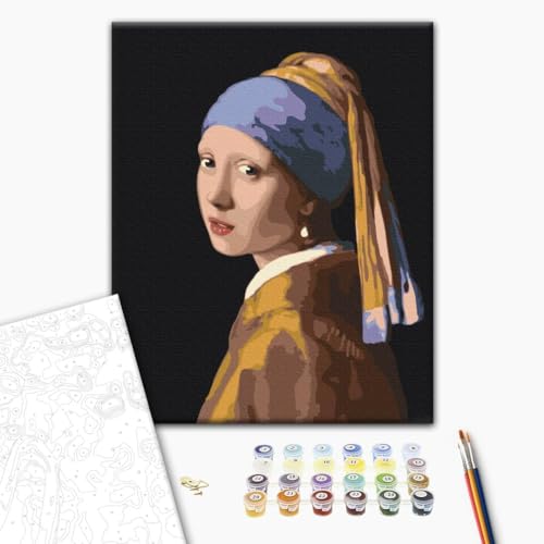 Brushme Malen nach Zahlen Set - 40x50 cm Leinwand mit Rahmen - Mit Acrylfarben, 3 Profi-Pinseln & Anleitung - Johannes Vermeer - Girl with a Pearl Earring - Für Erwachsene & Kinder von Brushme