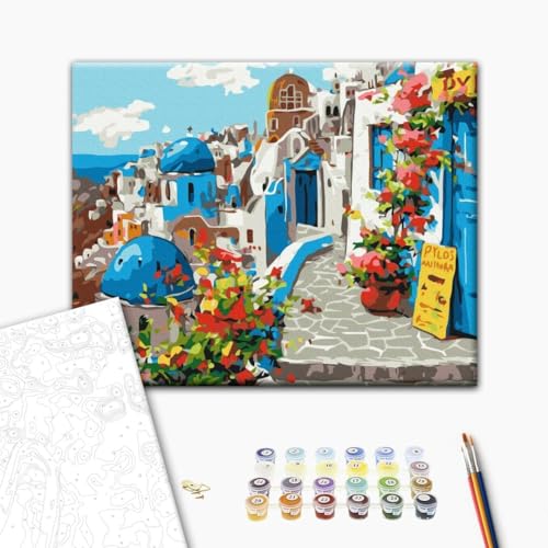 Brushme Malen nach Zahlen Set - 40x50 cm Leinwand mit Rahmen - Mit Acrylfarben, 3 Profi-Pinseln & Anleitung - Summer Santorini - Für Erwachsene & Kinder von Brushme