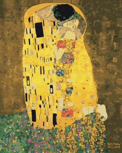 Brushme Malen nach Zahlen Set - 40x50 cm Leinwand ohne Rahmen - Mit Acrylfarben, 3 Profi-Pinseln & Anleitung -Gustav Klimt - The Kiss - Für Erwachsene & Kinder von Brushme