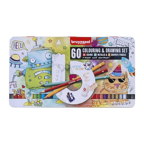 Bruynzeel Mal-Set für Kinder, 60 Teile: 44 Buntstifte, 12 Metallic-Stifte, 2 Graphitbleistifte + Radiergummi & Anspitzer | Malen für Kinder von Bruynzeel