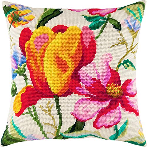 Brvsk Floral Needlepoint Set für Erwachsene und Anfänger Tulpen in Wasserfarben, 16″ × 16″ mit klarem, präzisem Druckdesign auf Baumwollleinwand; beinhaltet 2 Nadeln, Garn und leicht lesbare Tabelle von Brvsk