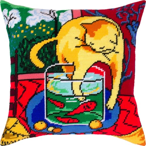 Brvsk Katze mit Fisch Stickset mit bedruckter Tapisserie Leinwand (40 × 40 cm) — Stickkissen-Kit für kreative Wohnkultur — Handarbeitsset für erwachsene Anfänger von Brvsk