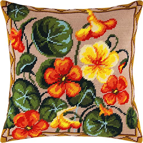 Brvsk Kreuzstich Set mit Blumenmuster für Erwachsene und Anfänger Kapuzinerkresse 16″ × 16″ mit klarem, präzisem Druckdesign auf Baumwollleinwand; beinhaltet 2 Nadeln, Garn und leicht lesbare Tabelle von Brvsk