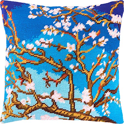 Brvsk Mandelblüte. Needlepoint Set mit bedruckter Gobelin (40 × 40 cm) Kissenset mit Stickerei zur kreativen Inneneinrichtung Handarbeitsset für erwachsene Anfänger von Brvsk