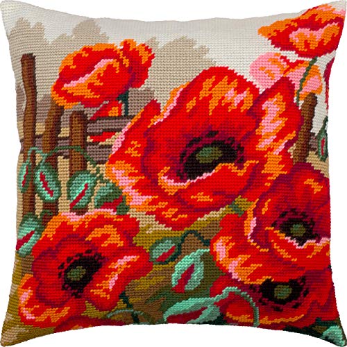 Brvsk Mohnblumen. Gestempeltes Kreuzstich Kissen mit bedruckter Gobelin (40 × 40 cm) Kissenset mit gestempeltem Kreuzstich für kreative Inneneinrichtung Handarbeitsset für erwachsene Anfänger von Brvsk