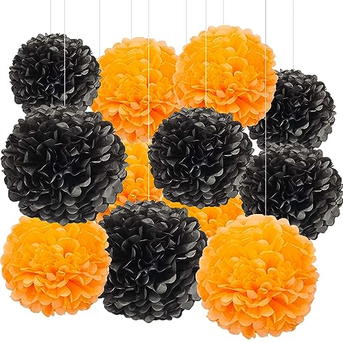 BRZIKWT 12 Stück Schwarz Orange Seidenpapier Pom Poms für Party Decke Wandbehang Tissue Blumen Dekorationen (20,3 & 25,4 & 30,5 cm) von Brzikwt