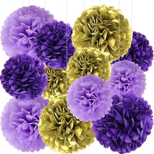 BRZIKWT Seidenpapier-Pompons für Party, Decke, Wandbehang, Seidenblumen, Dekorationen (25,4 und 30,5 cm), Violett/Gold, 12 Stück von Brzikwt