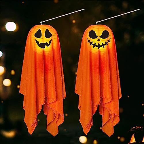 2 Stück Halloween Deko Geist,Halloween Lichterkette Deko,Faltbar Lampenschirm Lampions,Halloween Windsäcke Geist Hängen Geistergesicht Mit Lichter,Laterne Für Halloween Party Für Jungen Mädchen (D) von Bseical