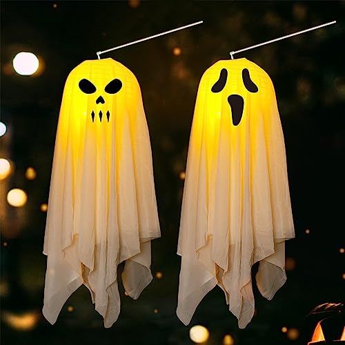 2 Stück Halloween Deko Geist,Halloween Lichterkette Deko,Faltbar Lampenschirm Lampions,Halloween Windsäcke Geist Hängen Geistergesicht Mit Lichter,Laterne Für Halloween Party Für Jungen Mädchen (A) von Bseical